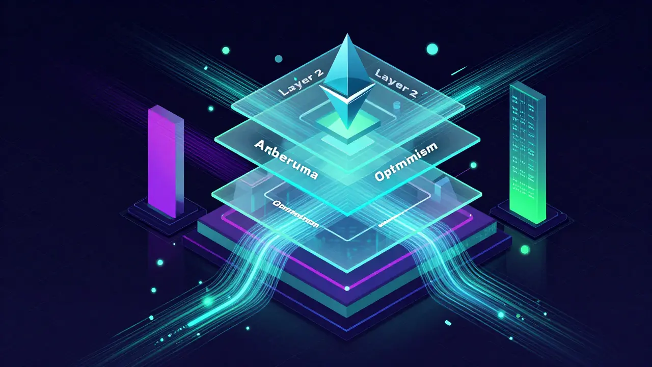 Neon data streams flowing across layered blockchain networks