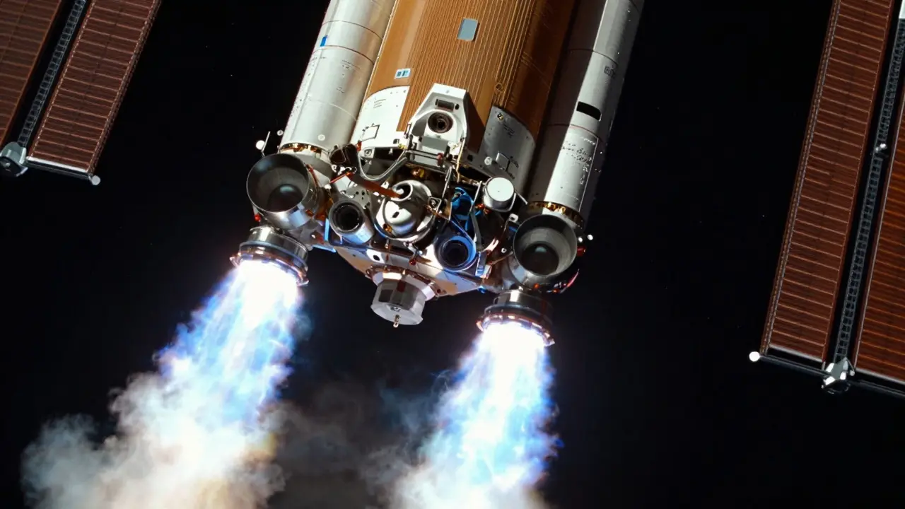 Progress spacecraft engines firing during an ISS reboost maneuver