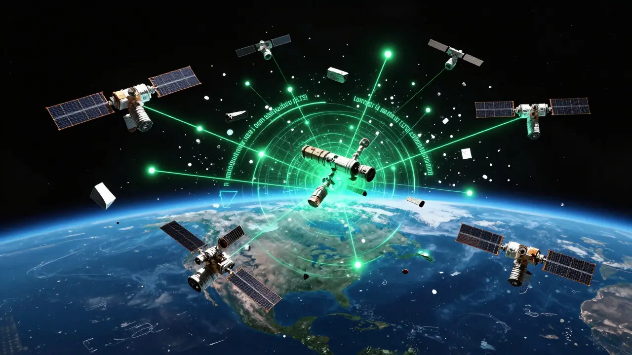 Satellites in orbit connected by data lines illustrating space sustainability