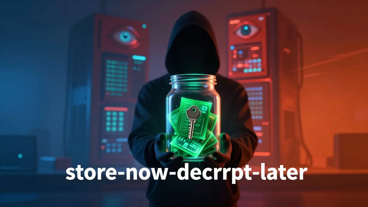 Shadowy figure storing encrypted data while a quantum computer looms in background