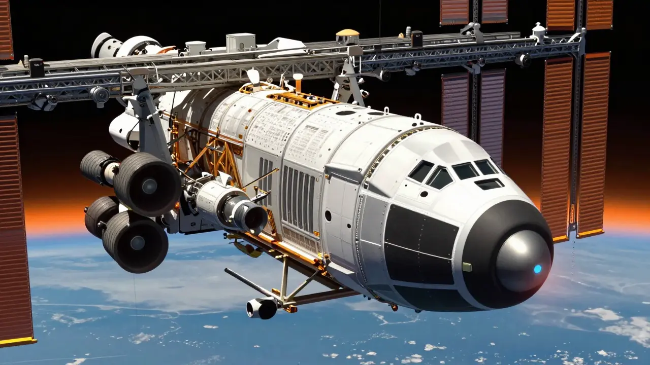 SpaceX Cargo Dragon docked to ISS showing rear trunk thrusters