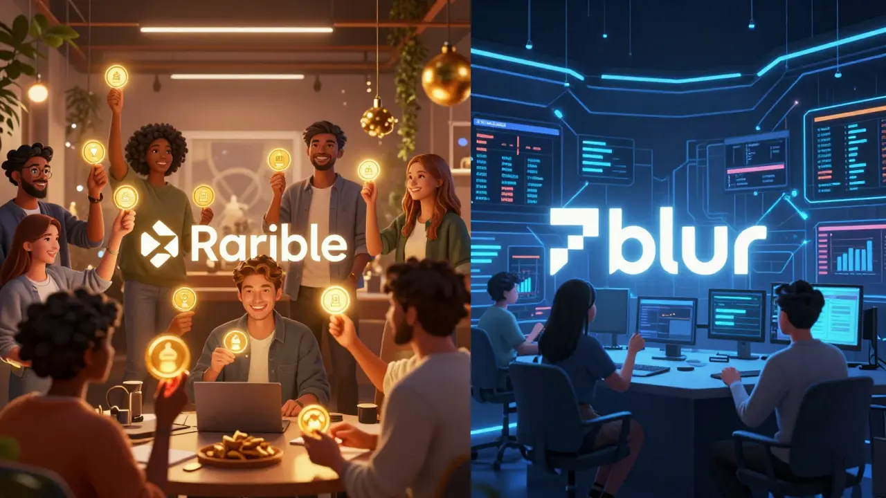 Split concept art comparing community-focused royalties vs pro-trading speed