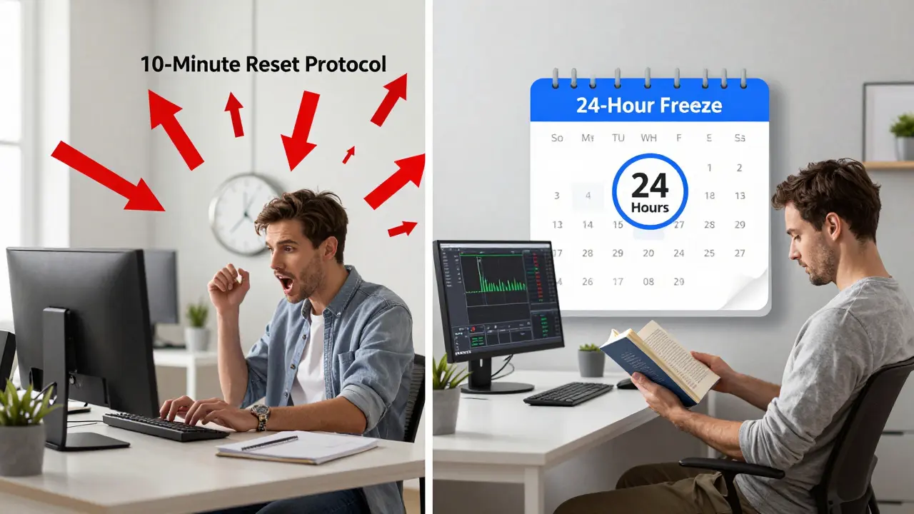 Split view of frantic swing trading vs calm position trader reset