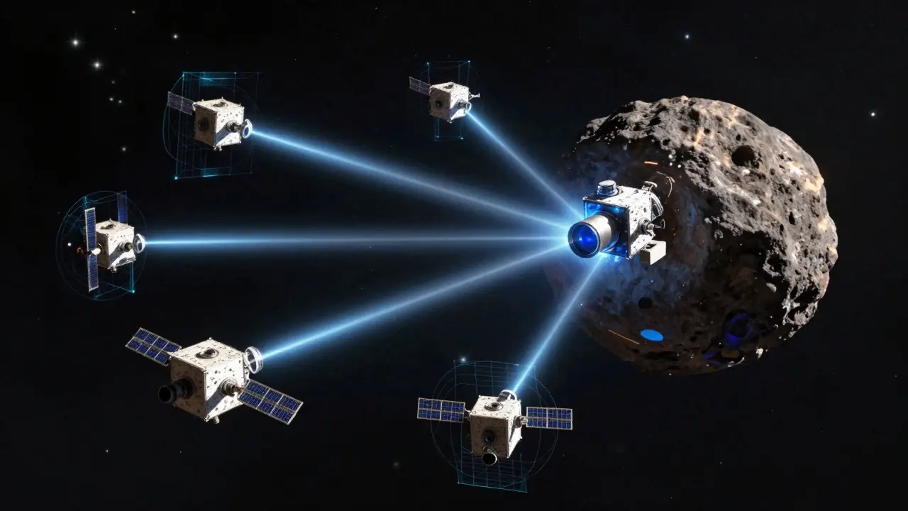 Swarm of autonomous satellites navigating around an asteroid