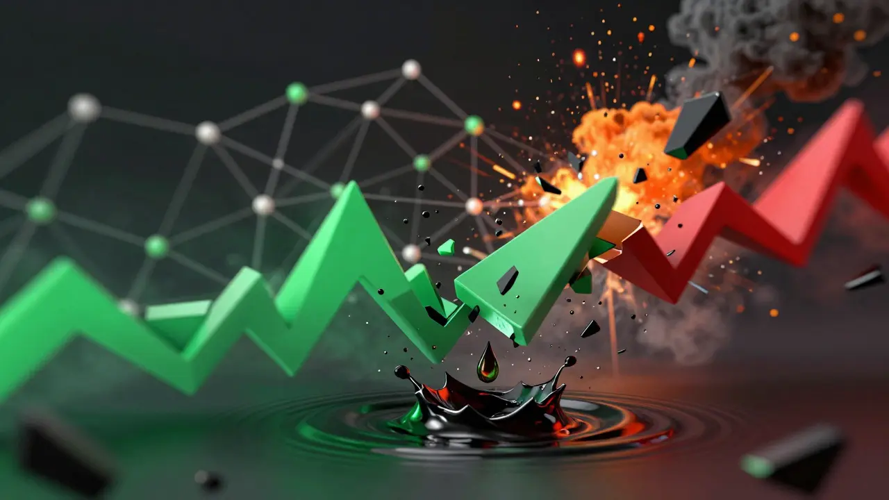Visual metaphor of a flash crash showing cascading failures and shattering financial structures.