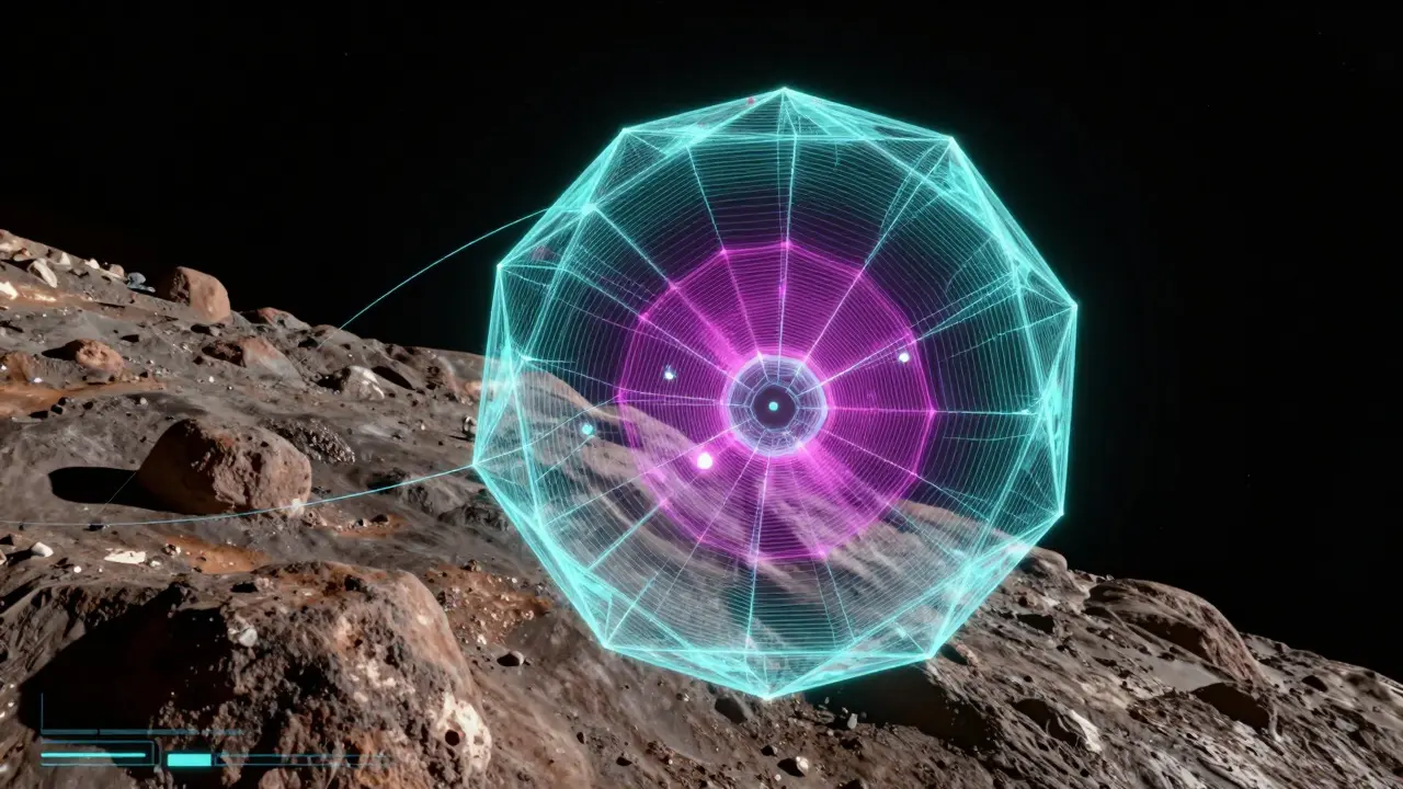 Wireframe polyhedron model mapping asteroid gravity near spacecraft