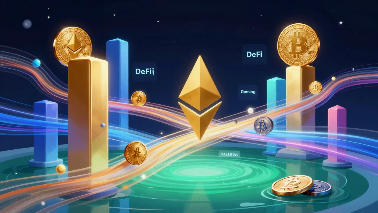 Abstract digital network with stable pillars and flowing colored streams representing crypto