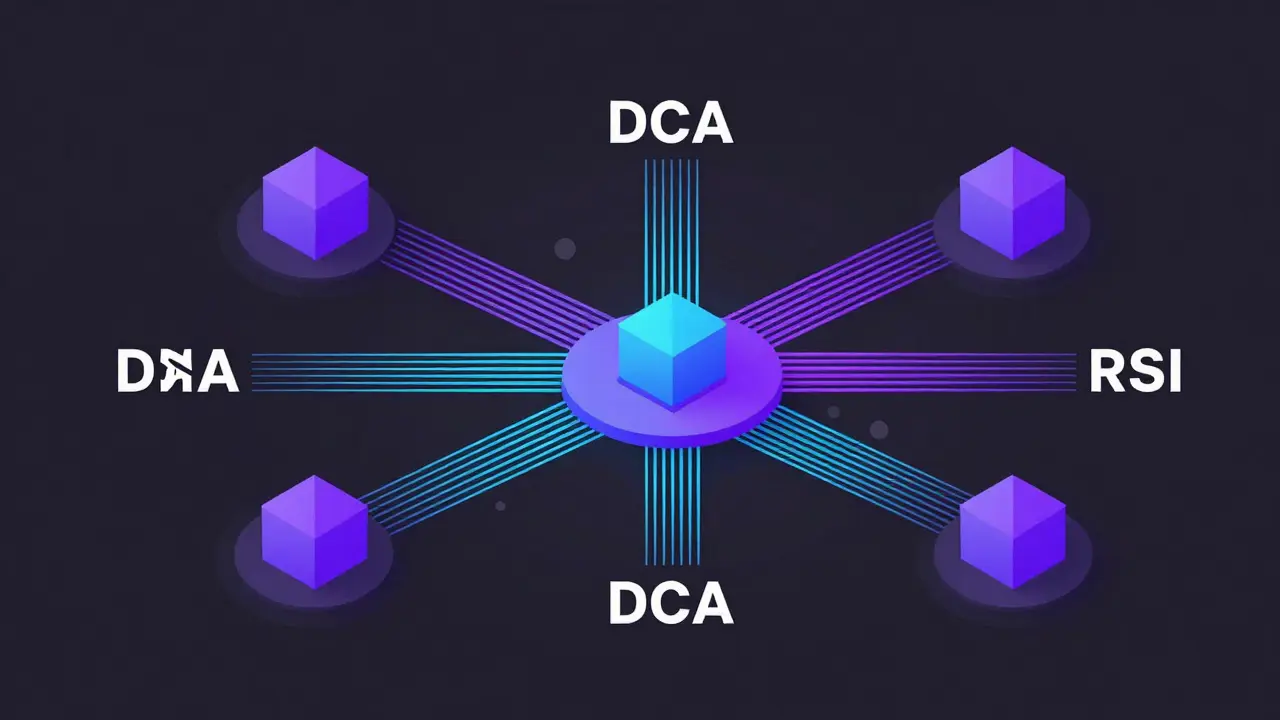 Abstract visualization of automated smart DCA blockchain strategies