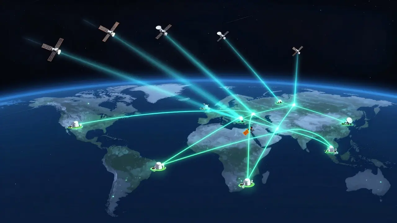 Abstract visualization of LEO satellites connecting to distributed ground stations globally