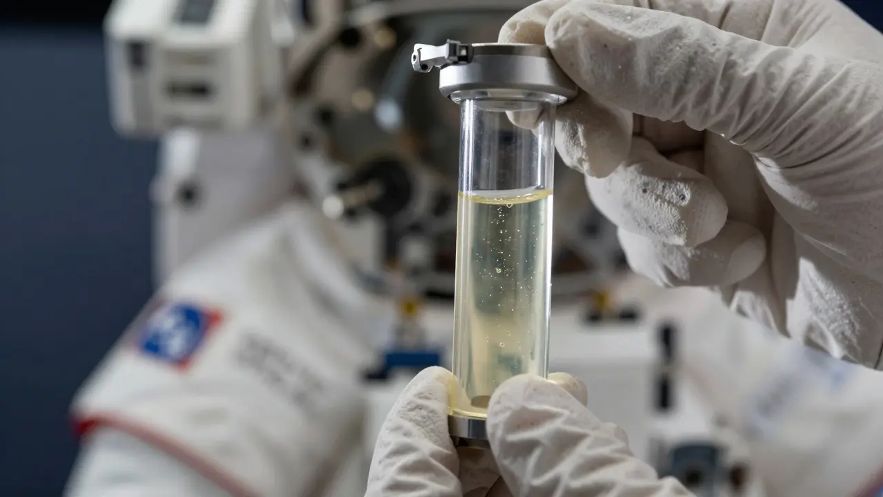 Astronaut holding bubble detector showing neutron impacts in gel