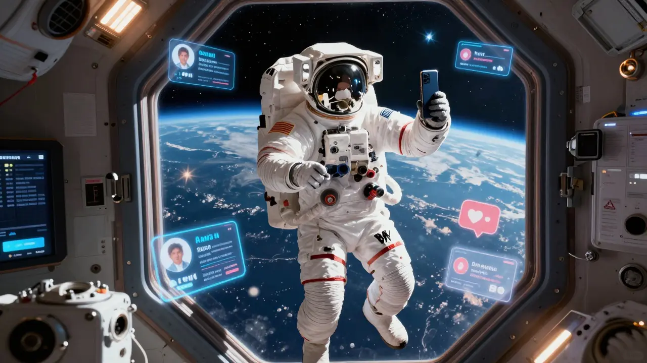 Astronaut taking a photo of Earth from ISS with social media graphics.