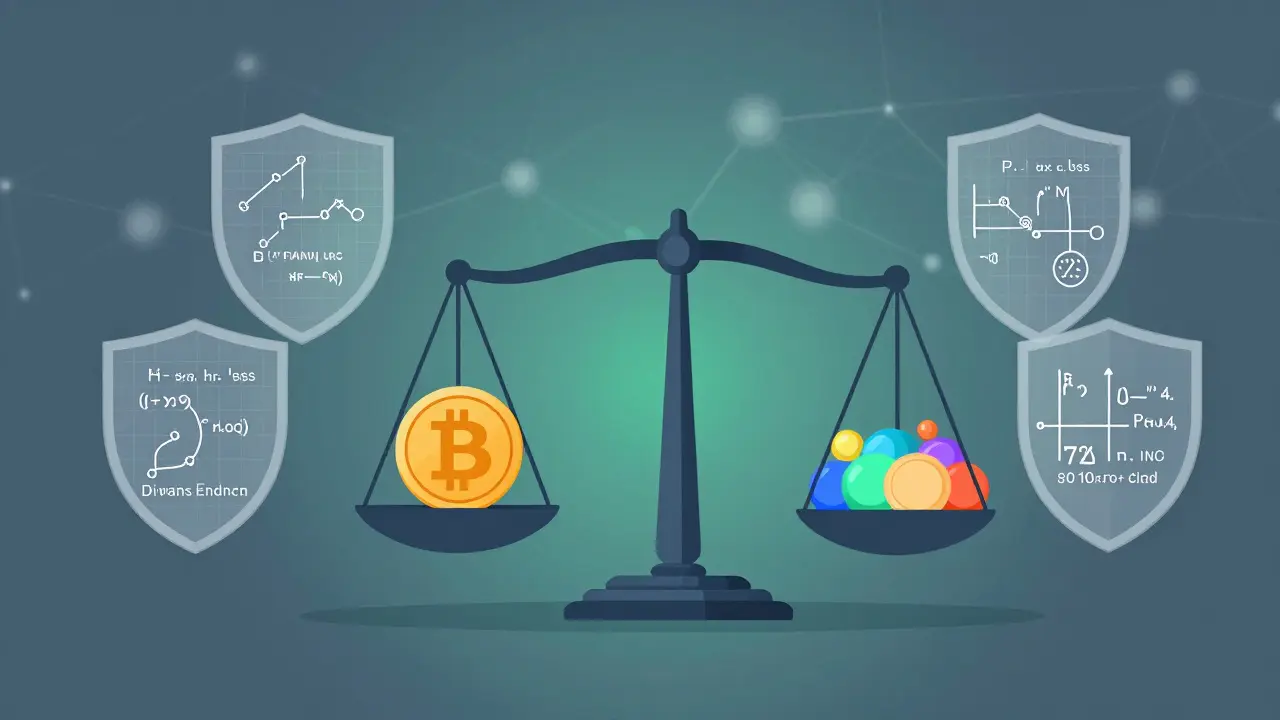 Balanced scale with coins and shields, illustrating crypto risk management.