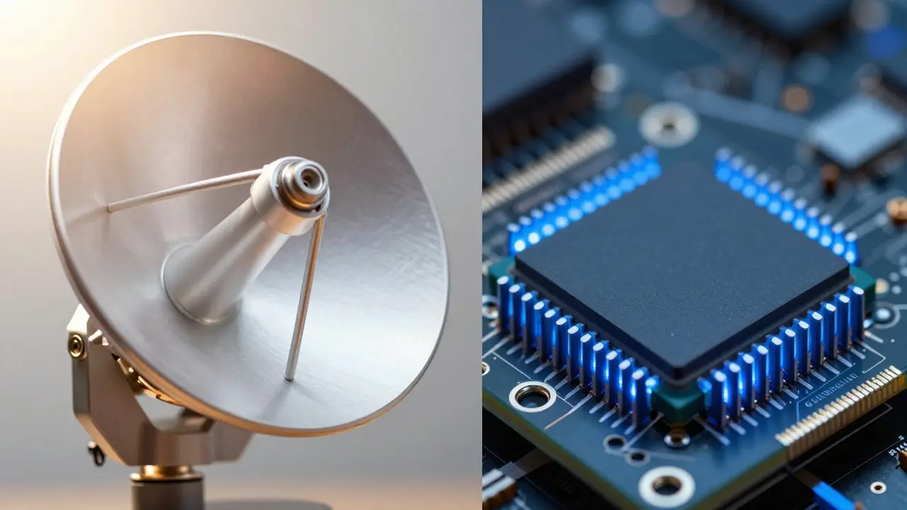 Close-up comparison of parabolic dish hardware and phased array chips