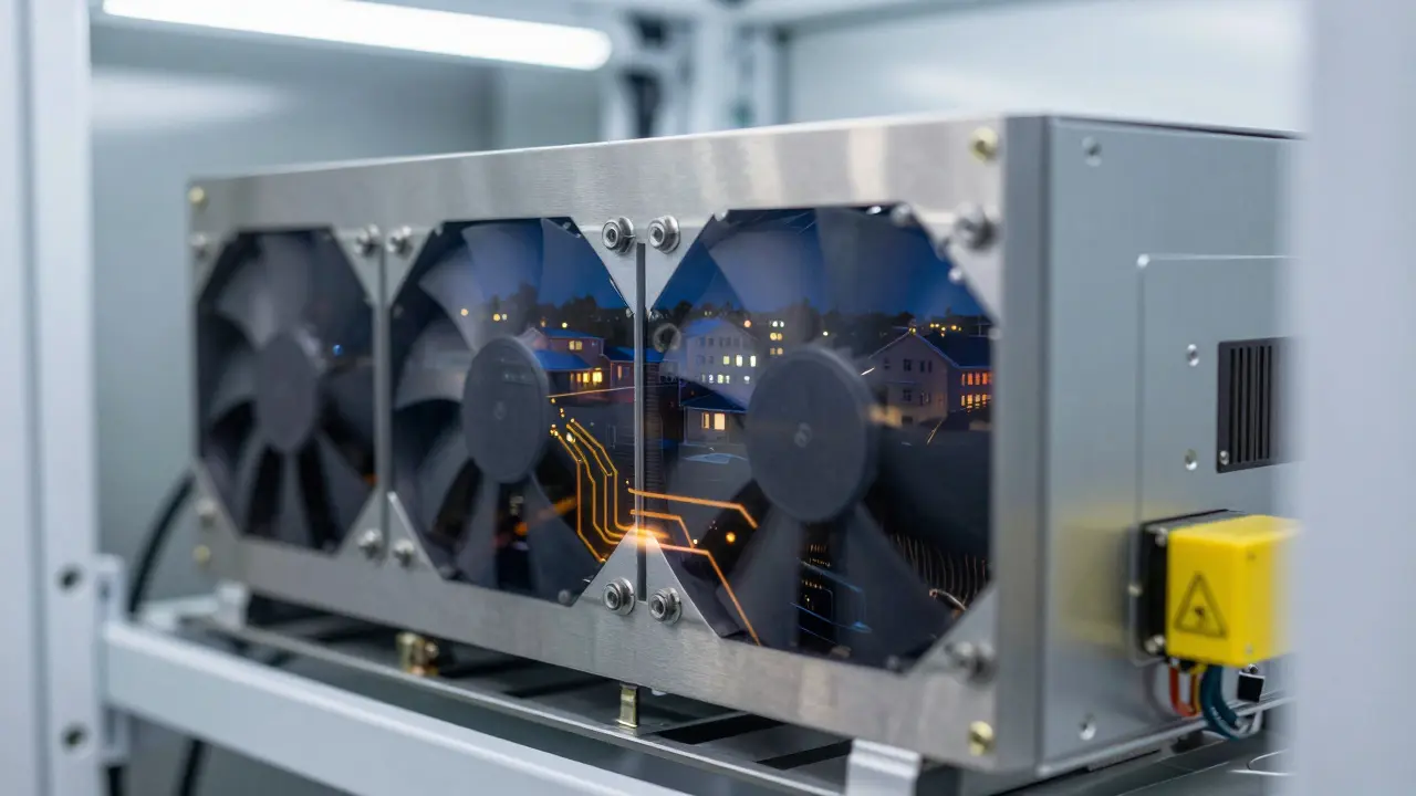 Close-up of hot mining hardware reflecting strained residential power grids