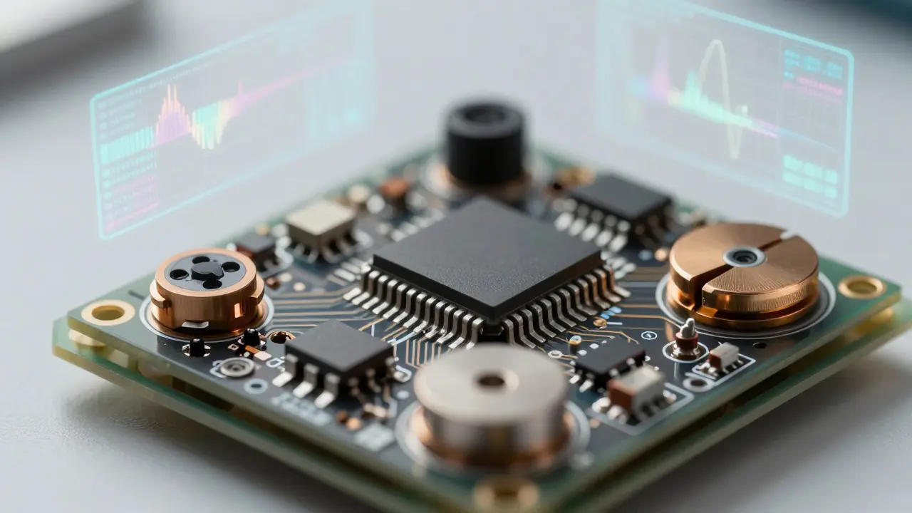 Close-up of MEMS IMU sensor components on a circuit board