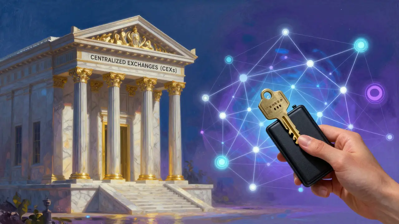 Comparison of centralized bank-style exchange vs decentralized blockchain network trading.