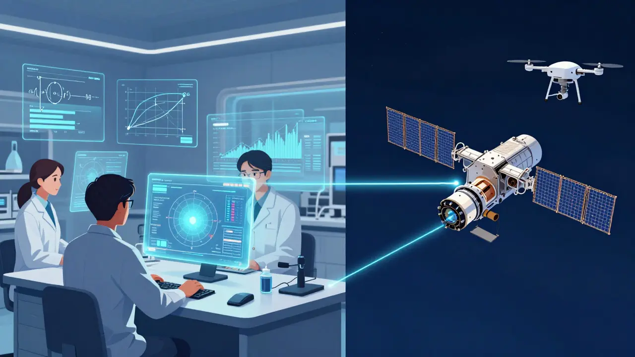 Conceptual art showing data analysis and automated recalibration for space and UAV