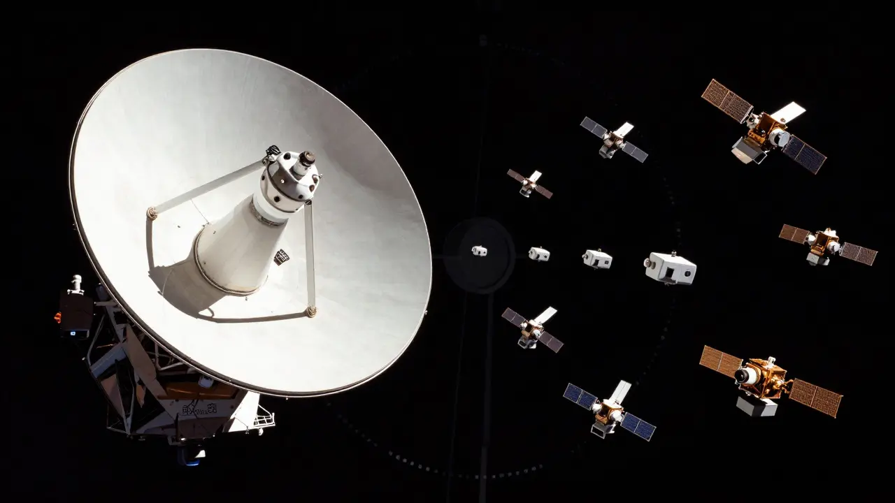 Contrast between a large geostationary satellite and a swarm of small LEO CubeSats in orbit.