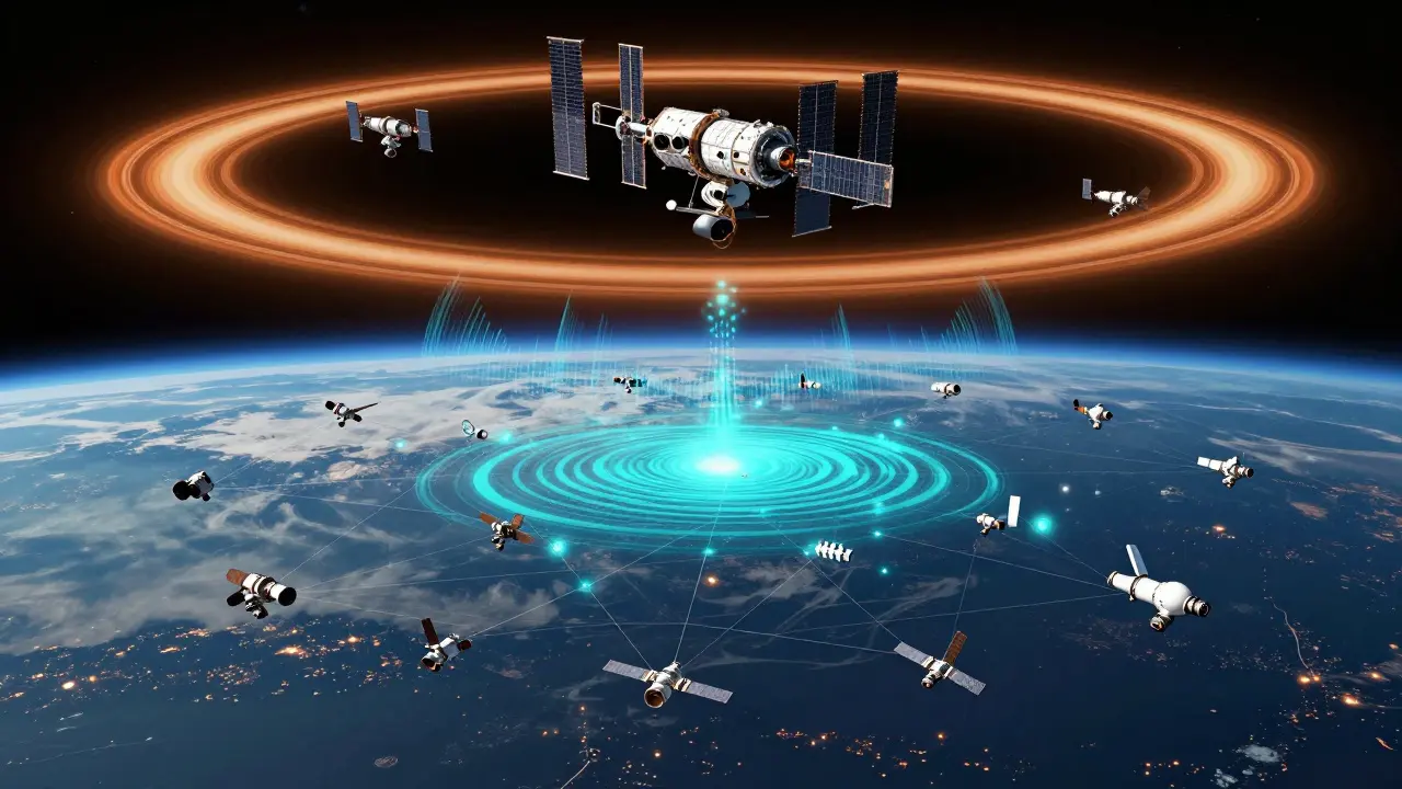 Contrast between orderly GEO satellites and dense LEO constellation swarms near Earth.