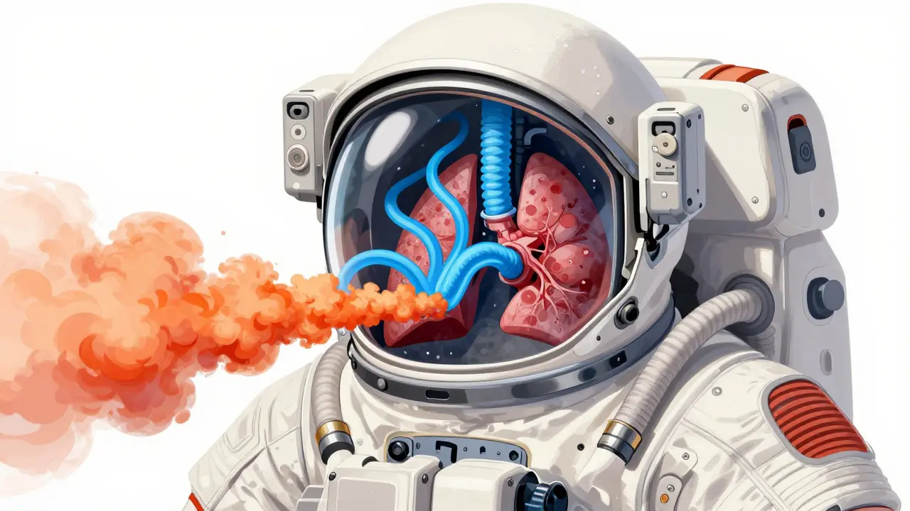 Diagram showing oxygen intake and CO2 removal in suit