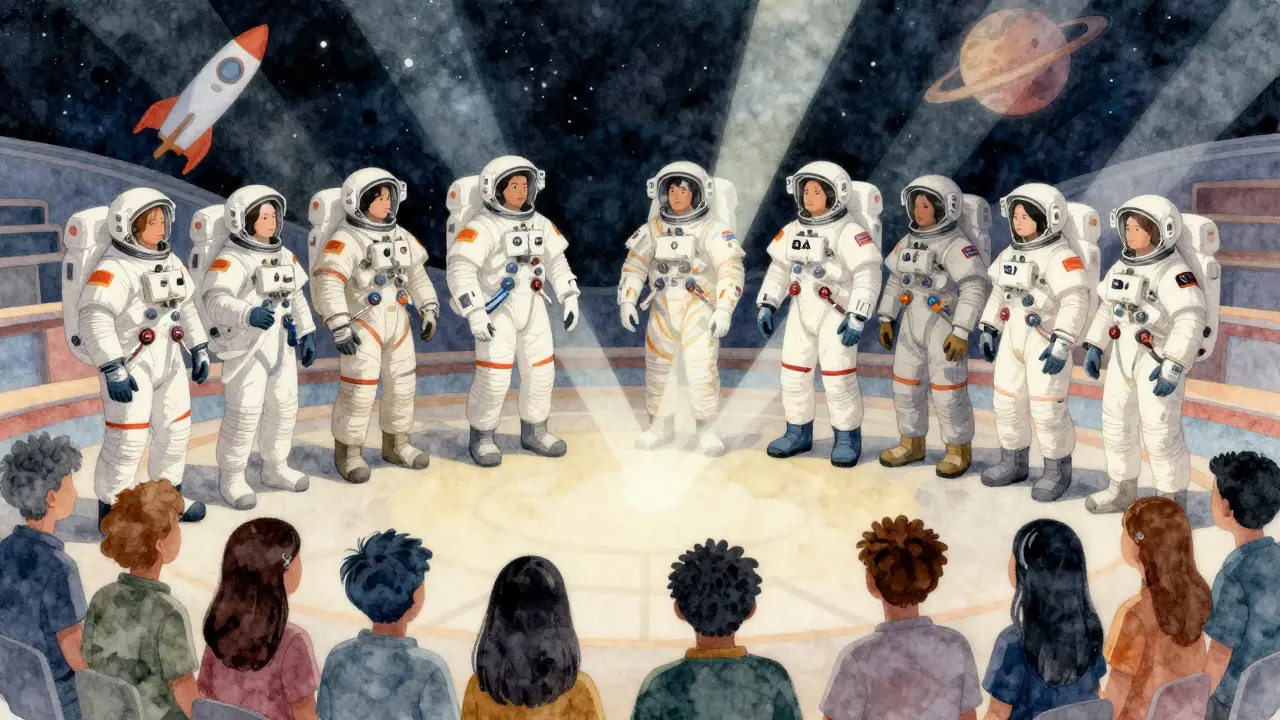 Diverse astronauts giving an inspiring presentation to a global audience.