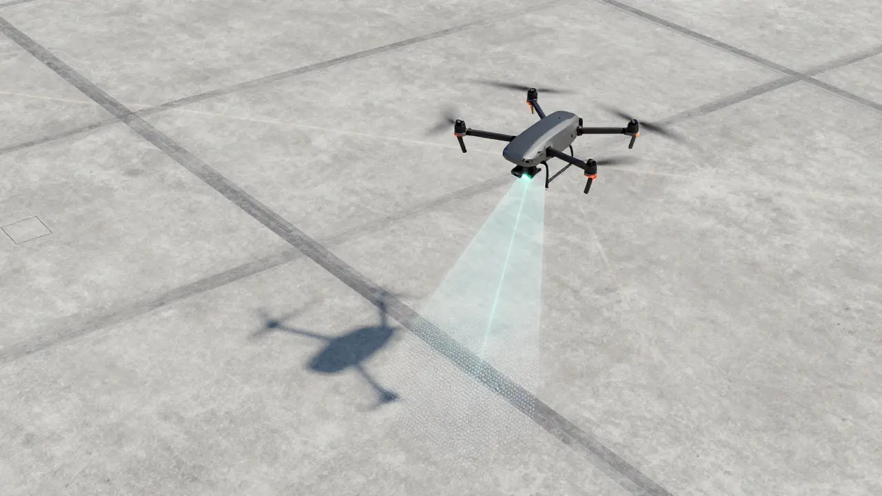 Drone flying figure-eight pattern over concrete grid for LiDAR calibration