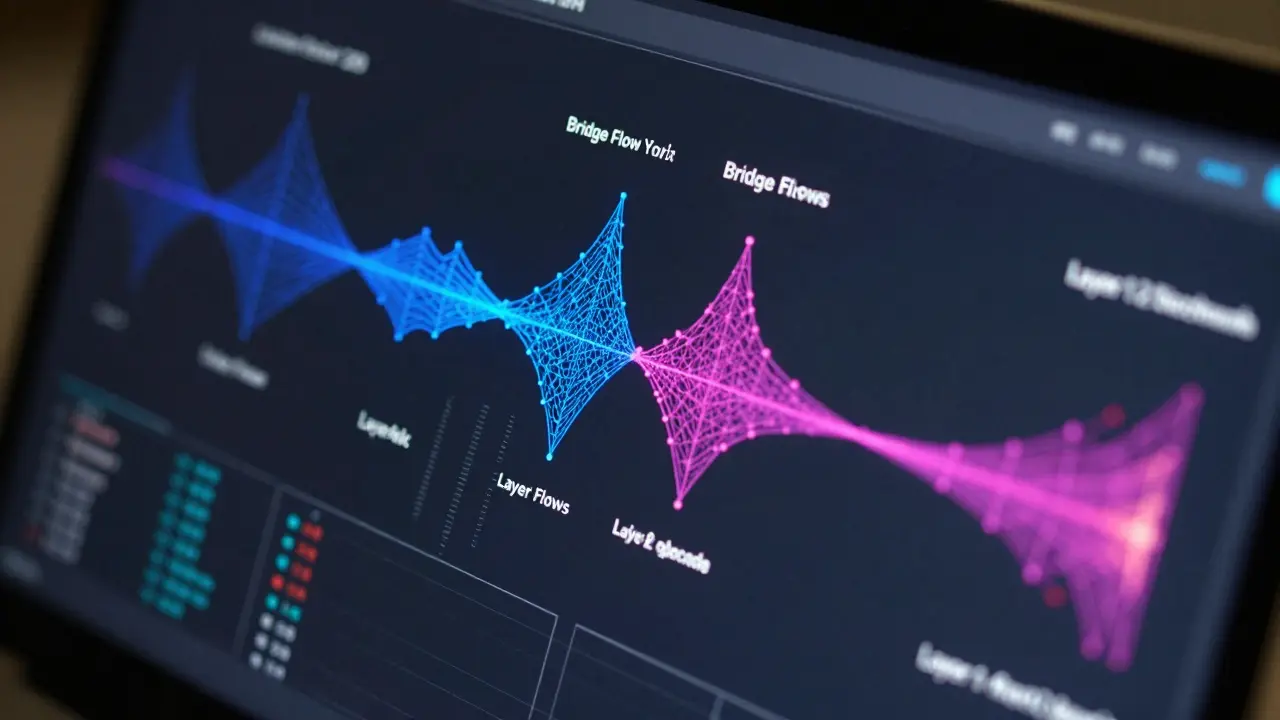 Futuristic dashboard displaying Sankey diagrams of crypto data