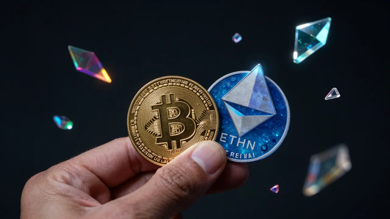 Gold Bitcoin coin and blue Ethereum crystal held in hand with floating altcoin shards
