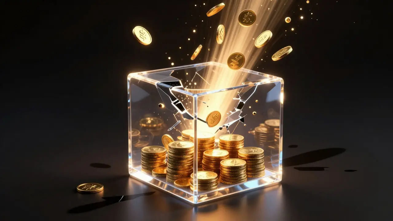 Golden coins bursting through a glass barrier, symbolizing a market breakout.