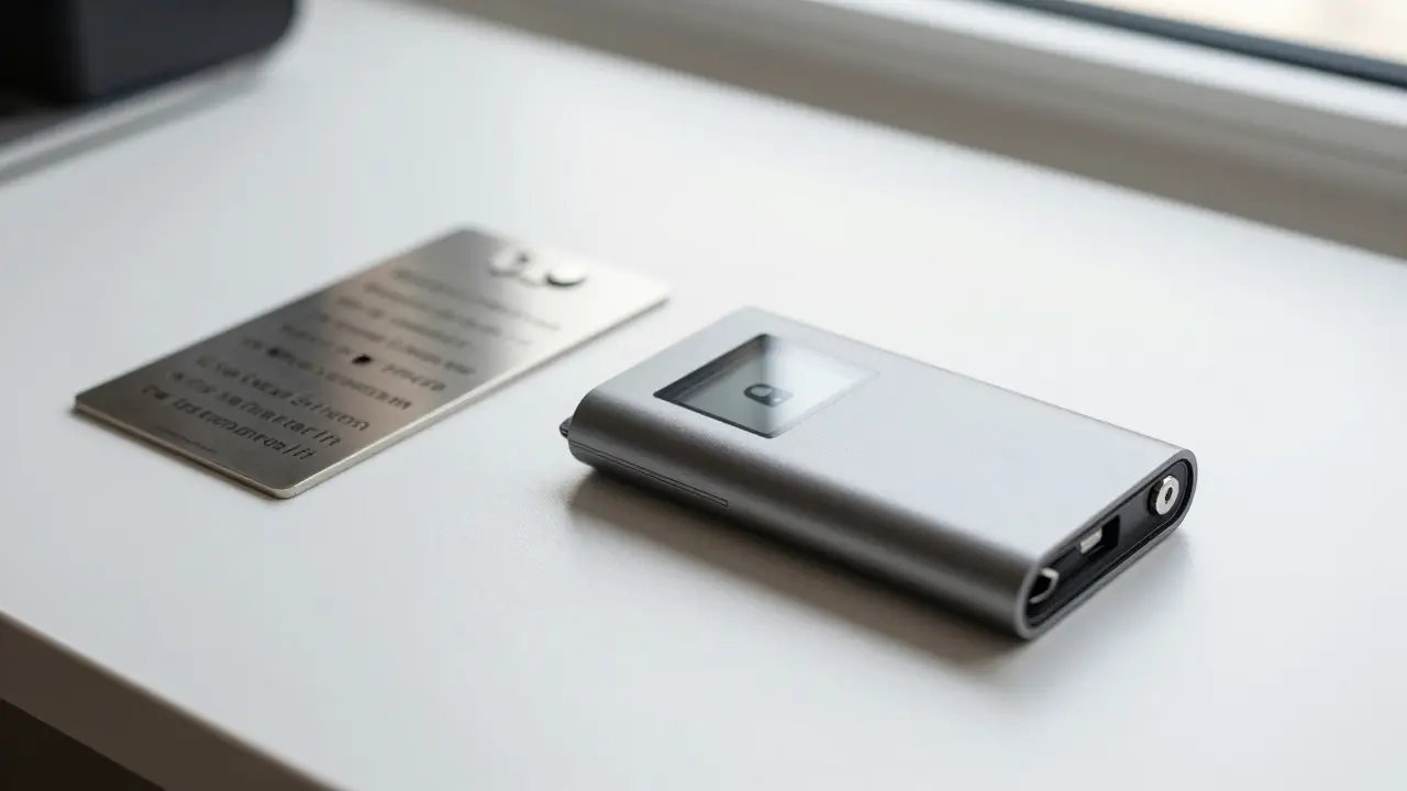Hardware wallet and steel seed phrase backup on a secure desk