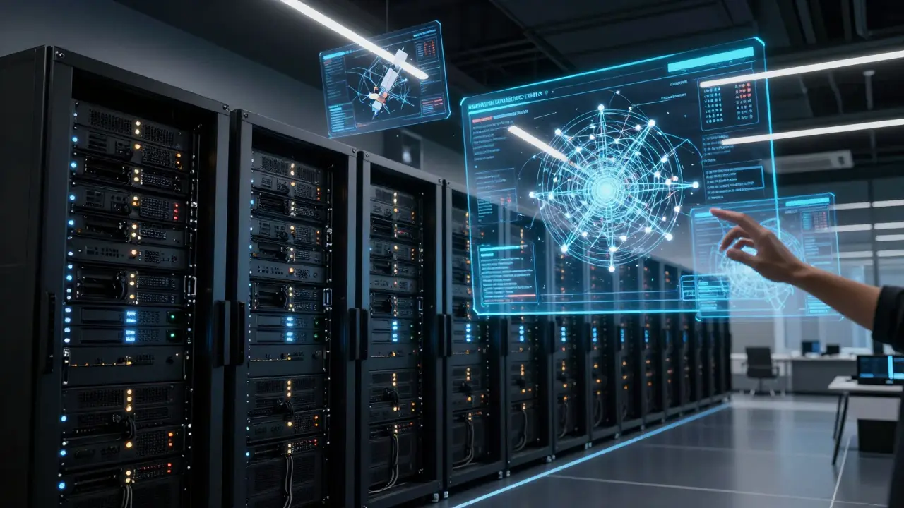 High-tech server room with holographic displays representing cloud-managed satellite data