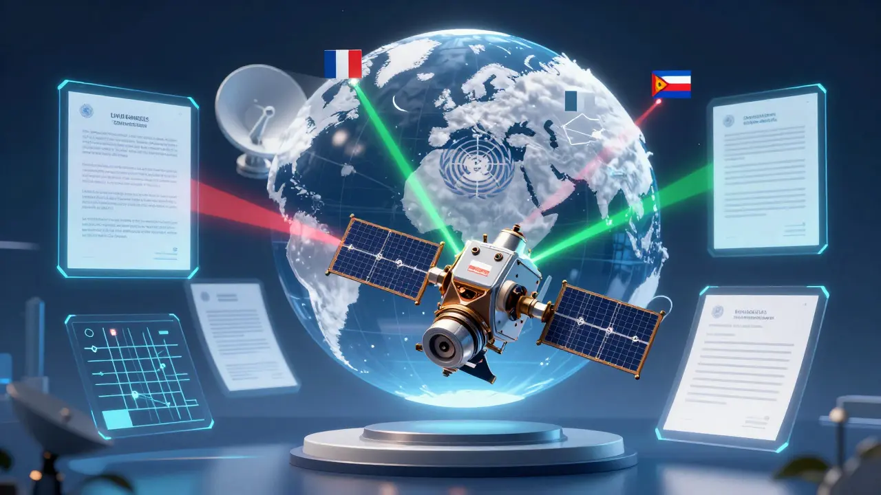 Holographic documents and a satellite model illustrating the ITU regulatory process.