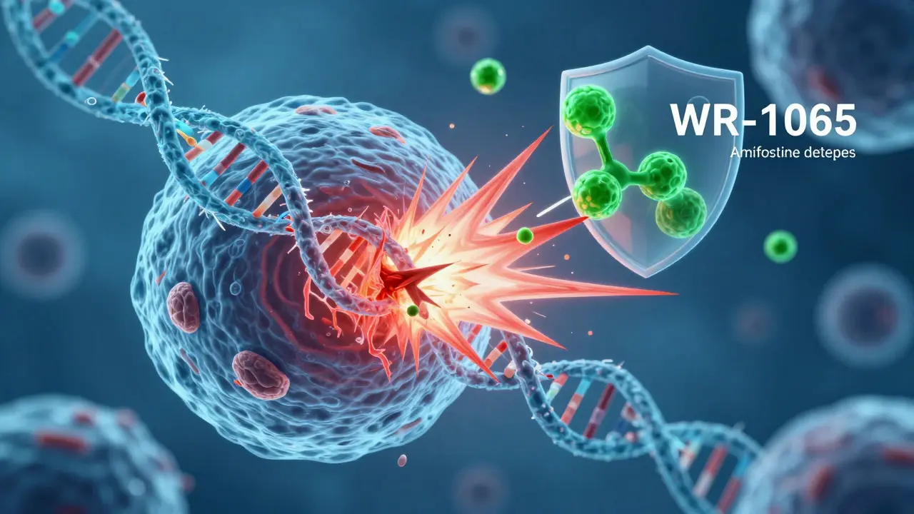 Illustration of Amifostine molecules protecting DNA strands inside a cell from radiation damage.