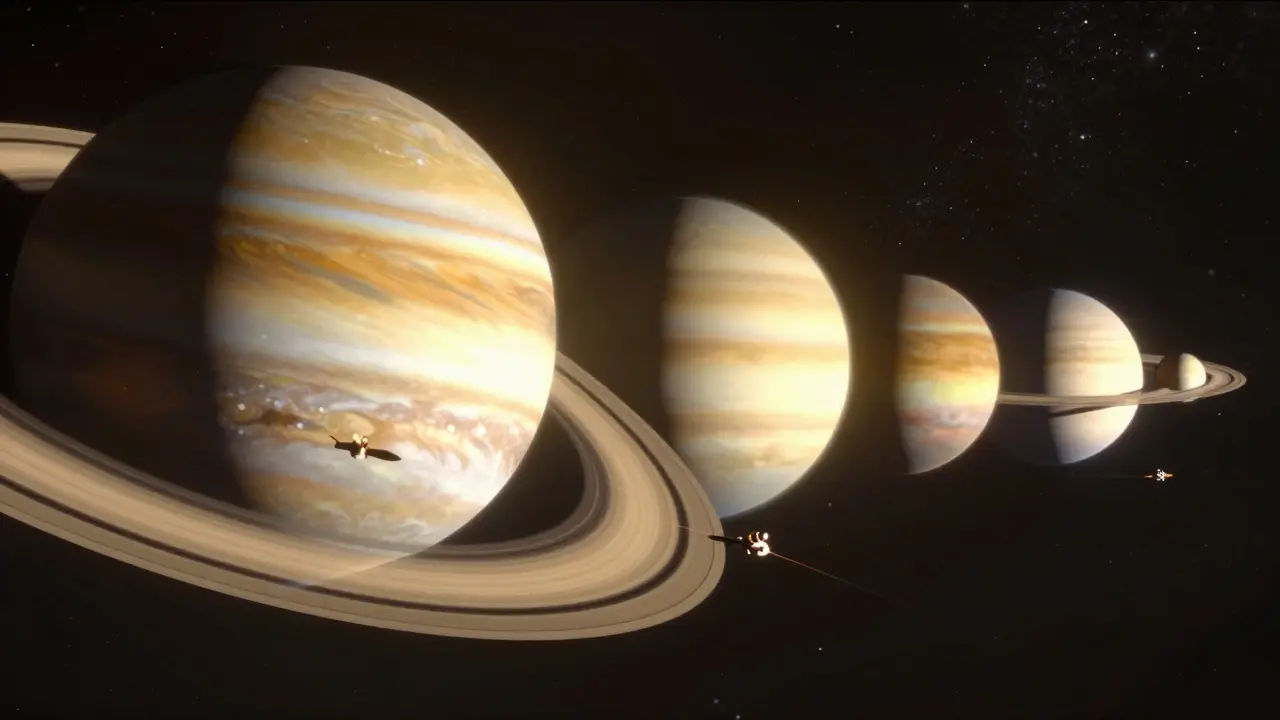 Illustration of Voyager probes using gravity assists during the Grand Tour planetary alignment
