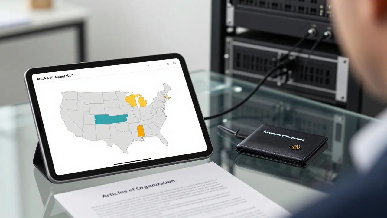 Legal documents and hardware wallet symbolizing DAO compliance