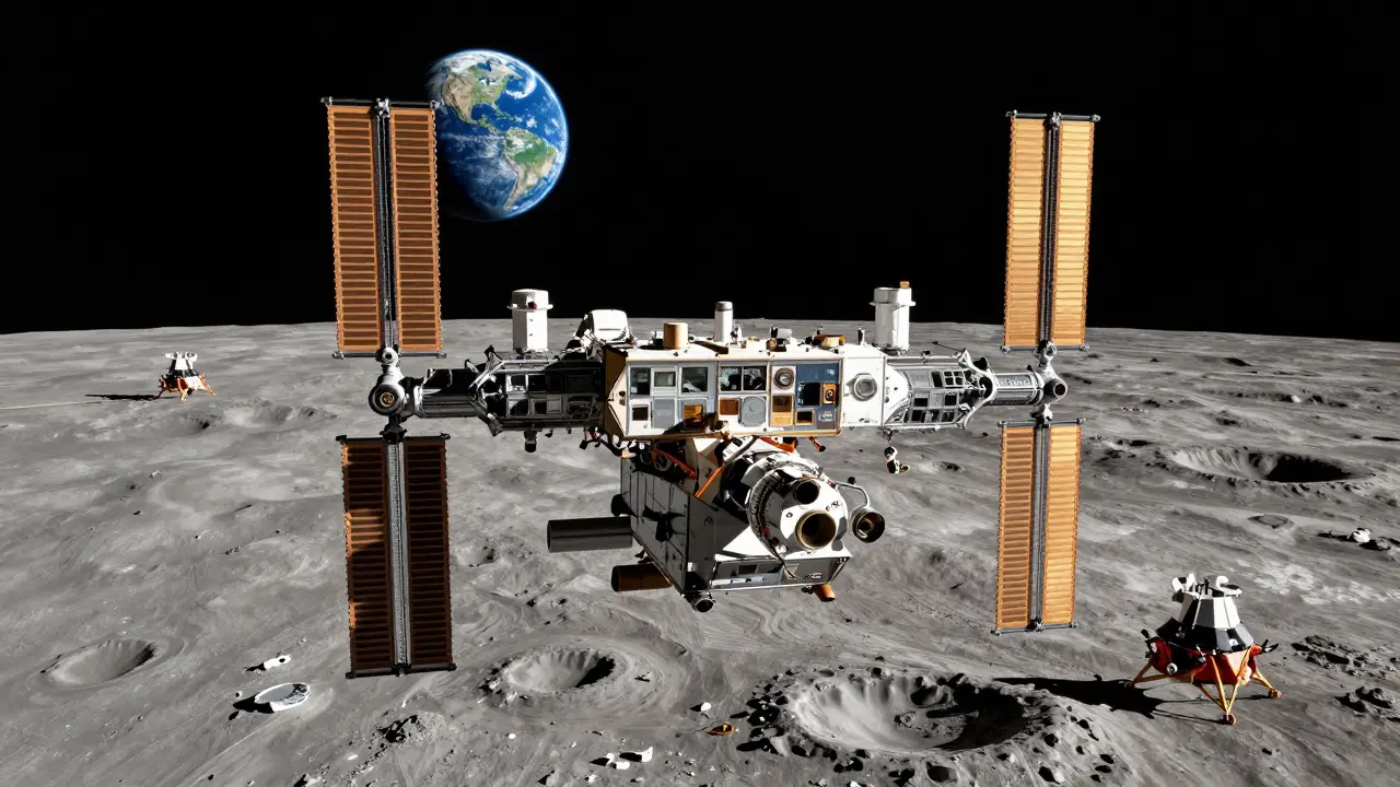Lunar Gateway station orbiting above the Moon's south pole