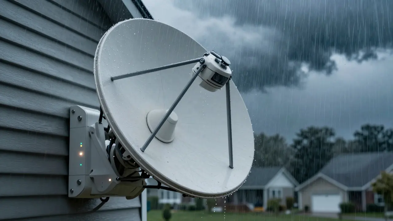 Satellite internet terminal on a house during a rainy storm