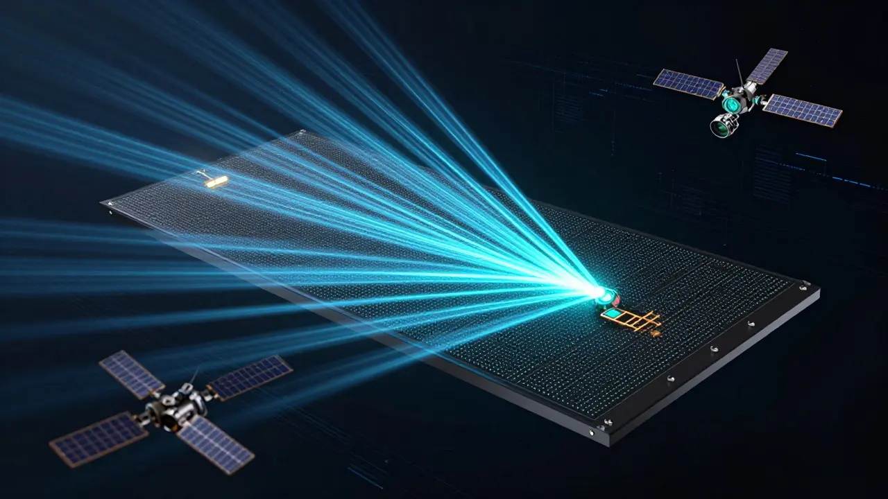 Sleek phased array antenna panel with glowing electronic beams