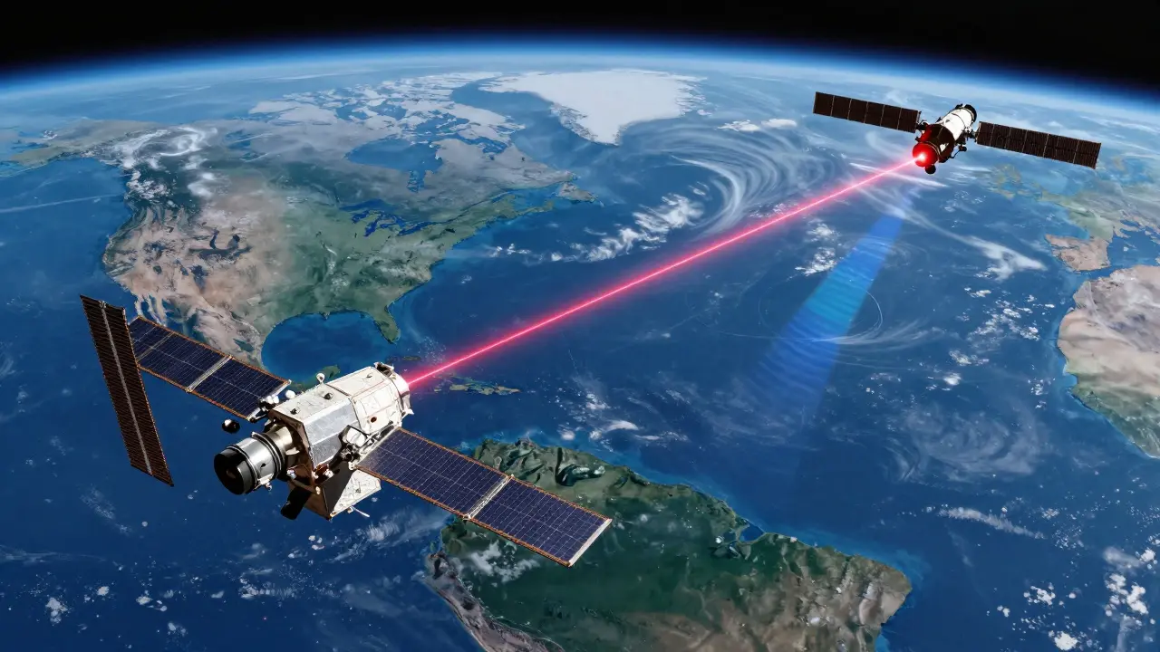 Space satellite using laser beams for optical communication network