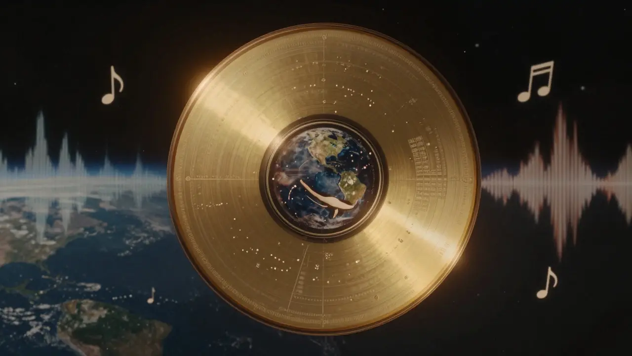 The Voyager Golden Record floating in space with abstract visualizations of Earth's sounds