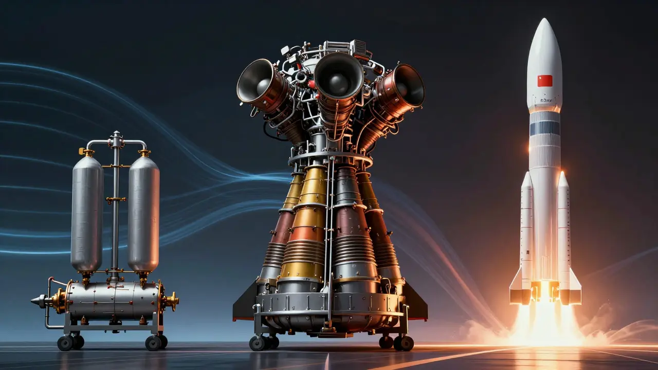 Timeline comparing early, mid-era, and modern high-pressure rocket engines