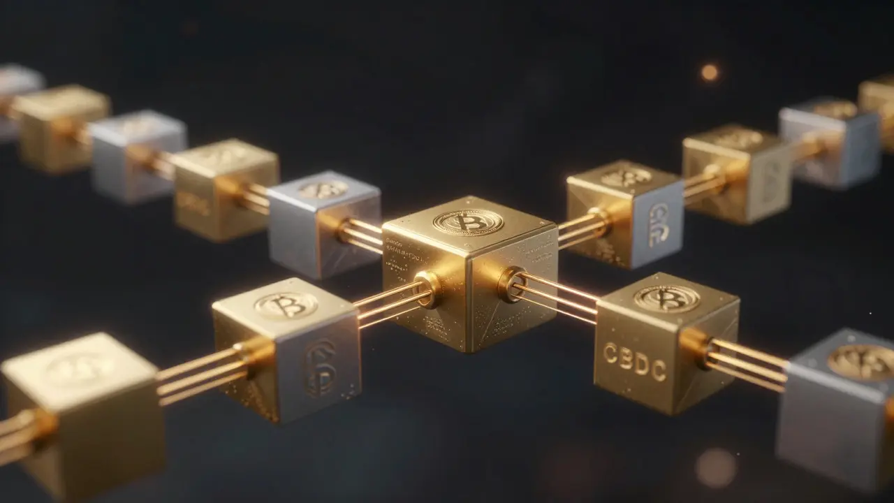 Abstract golden geometric blocks connected by lasers symbolizing blockchain settlement