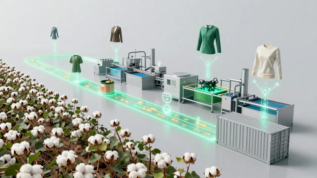 Abstract visualization of transparent supply chain data linked by glowing blockchain threads.