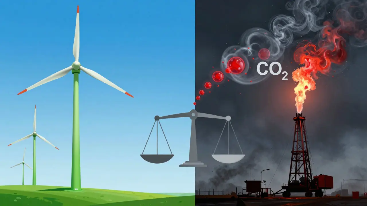 Artistic split view comparing wind energy and methane capture via crypto mining.