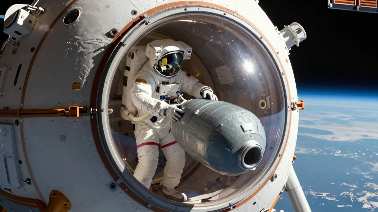 Astronaut loading waste container into Bishop Airlock on the ISS exterior