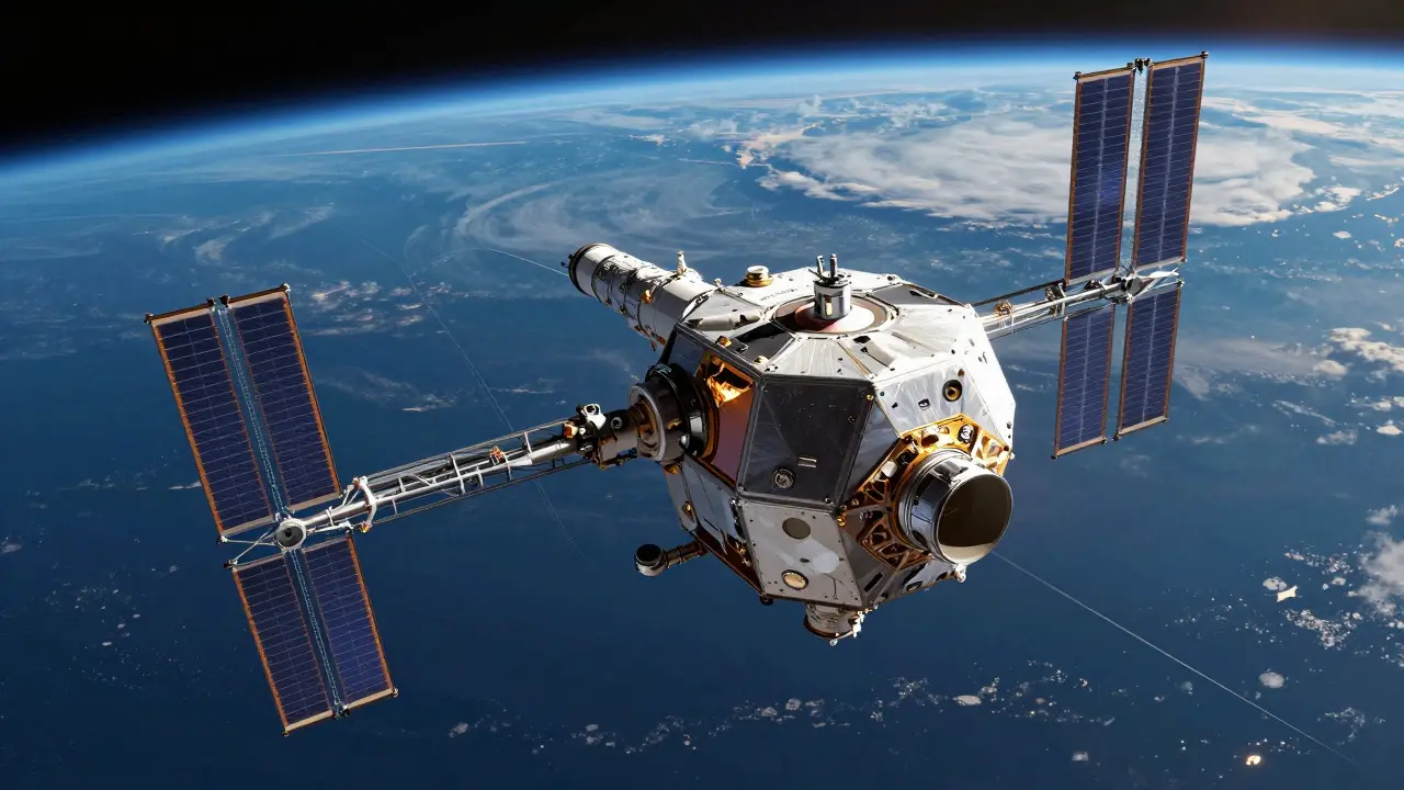 Autonomous free-flying factory satellite producing fibers in low Earth orbit.