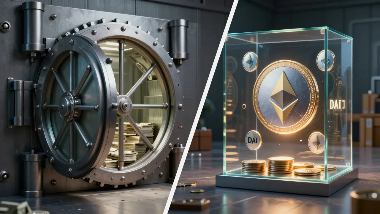 Bank vault versus open glass crypto collateral structure