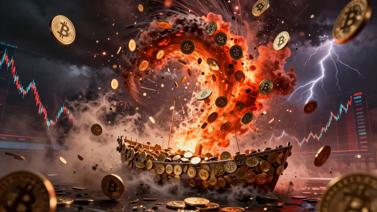 Chaotic vortex of falling tokens and exploding supply illustrating the market crash.