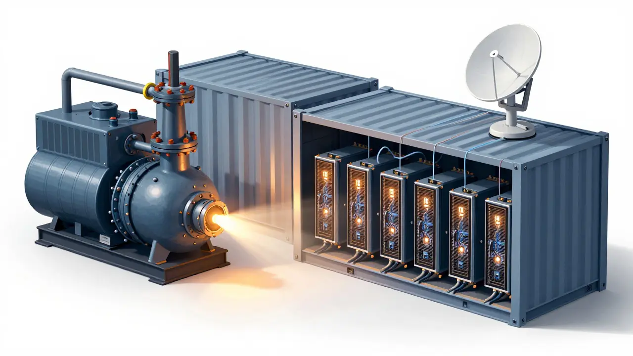 Cross-section diagram of gas-powered generators fueling mobile Bitcoin mining units.