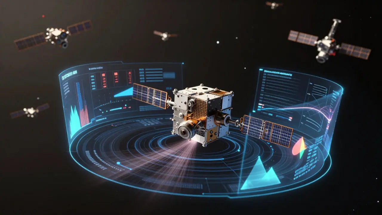 CubeSat with holographic AI interface predicting orbital disturbances